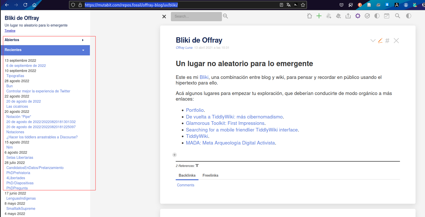 Captura de pantalla del Bliki de Offray en repositorio personal