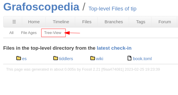 Captura señalando el botón Tree-View en la interfaz del repositorio fossil