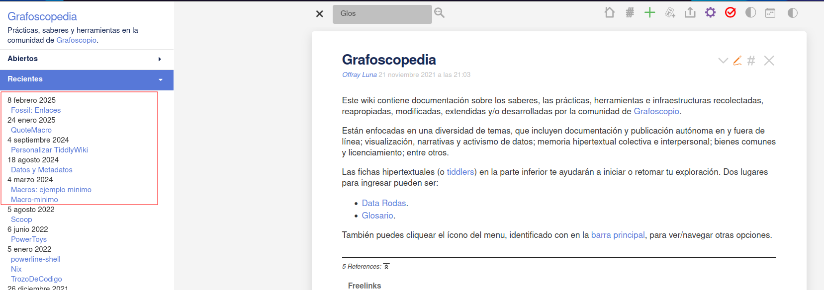 Fechas de edición de la grafoscopedia en tiddlyhost