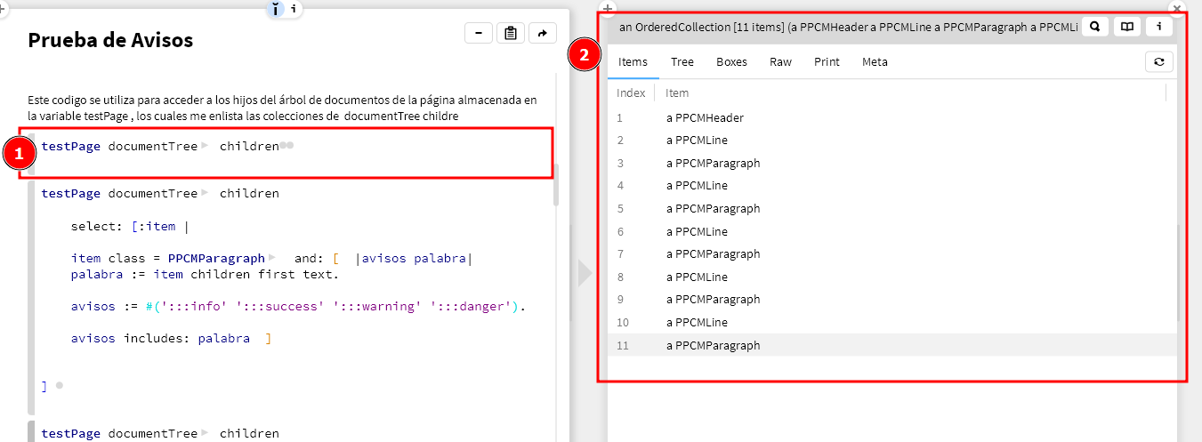  Lista o colecciones de la pag. testPage 