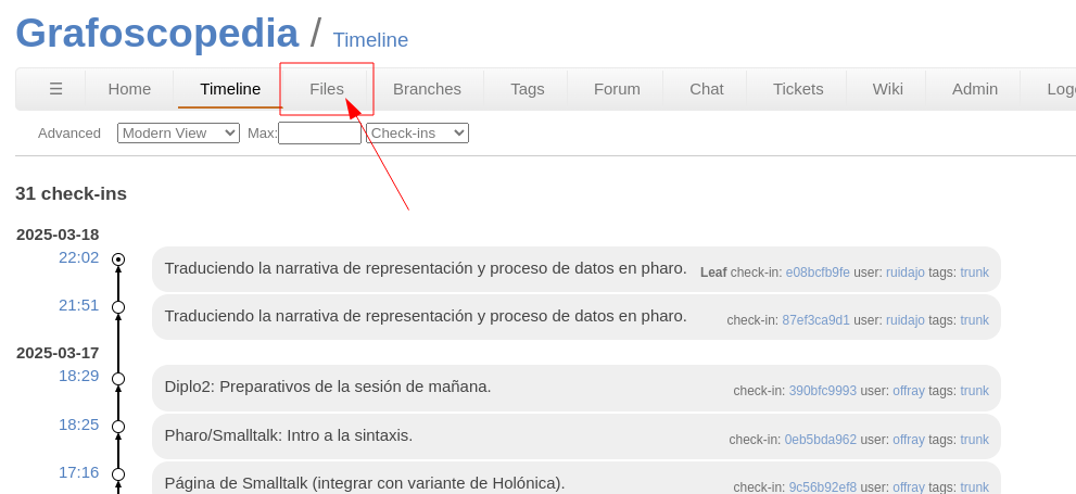 Captura señalando el botón Files en la interfaz del repositorio fossil