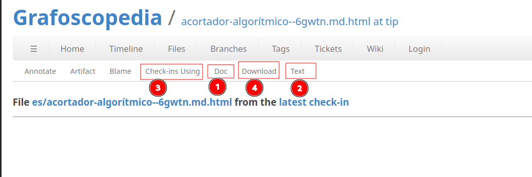 Repositorio de la grafoscopedia en el menú de Files, señalando: checkins, Doc, Download y Text