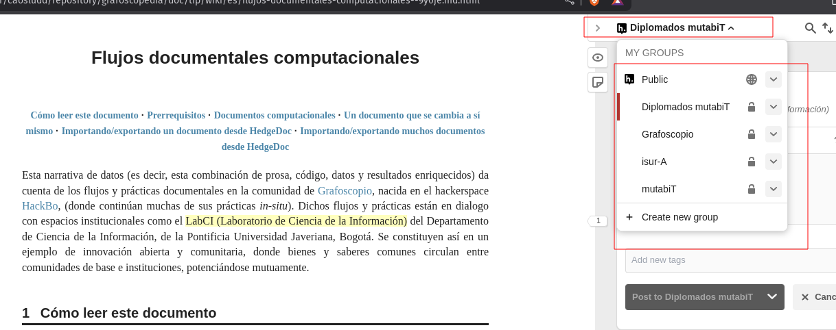 Captura resaltando en la interfaz de hypothesis el menu desplegable de grupos