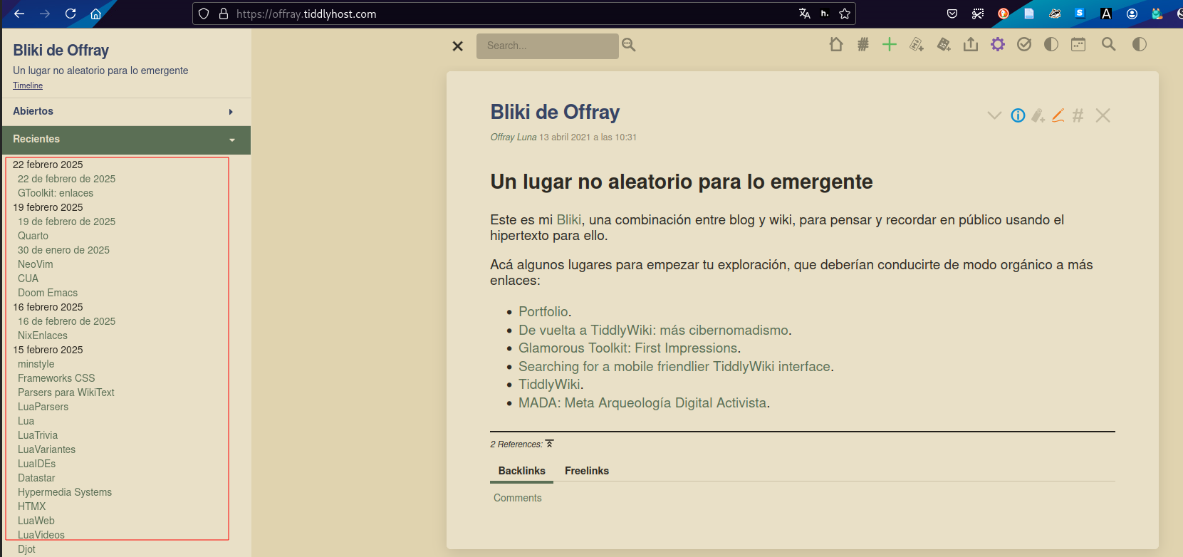 Captura de pantalla del Bliki de Offray en tiddlyhost